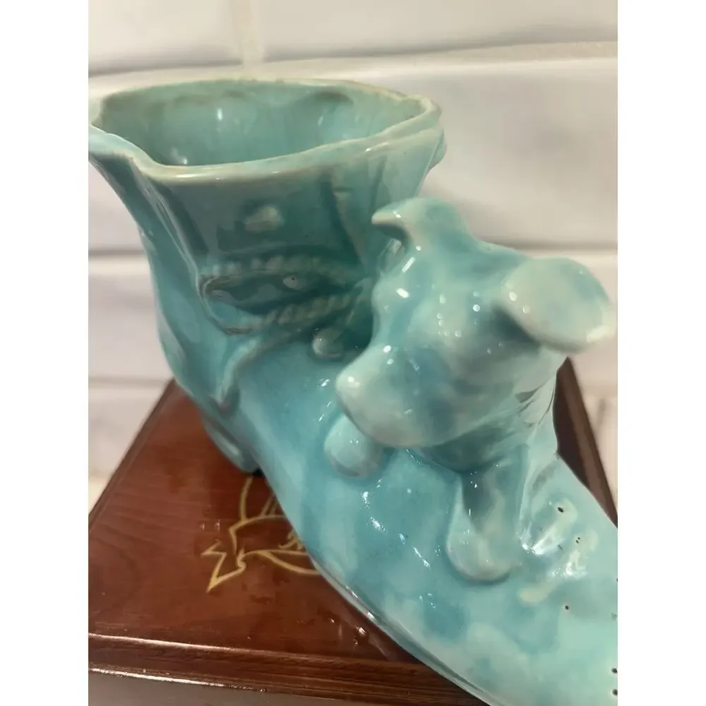 Vintage USA‎ Pottery Blue Ceramic Shoe With Dog Planter With Bow